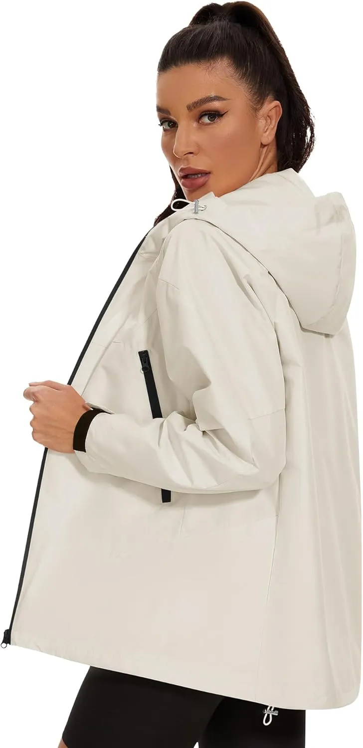 Avoogue Rain Jacket for Women Loose Fit Waterproof Lightweight Lined Rain Coat Hiking Windbreaker Jacket with Hood