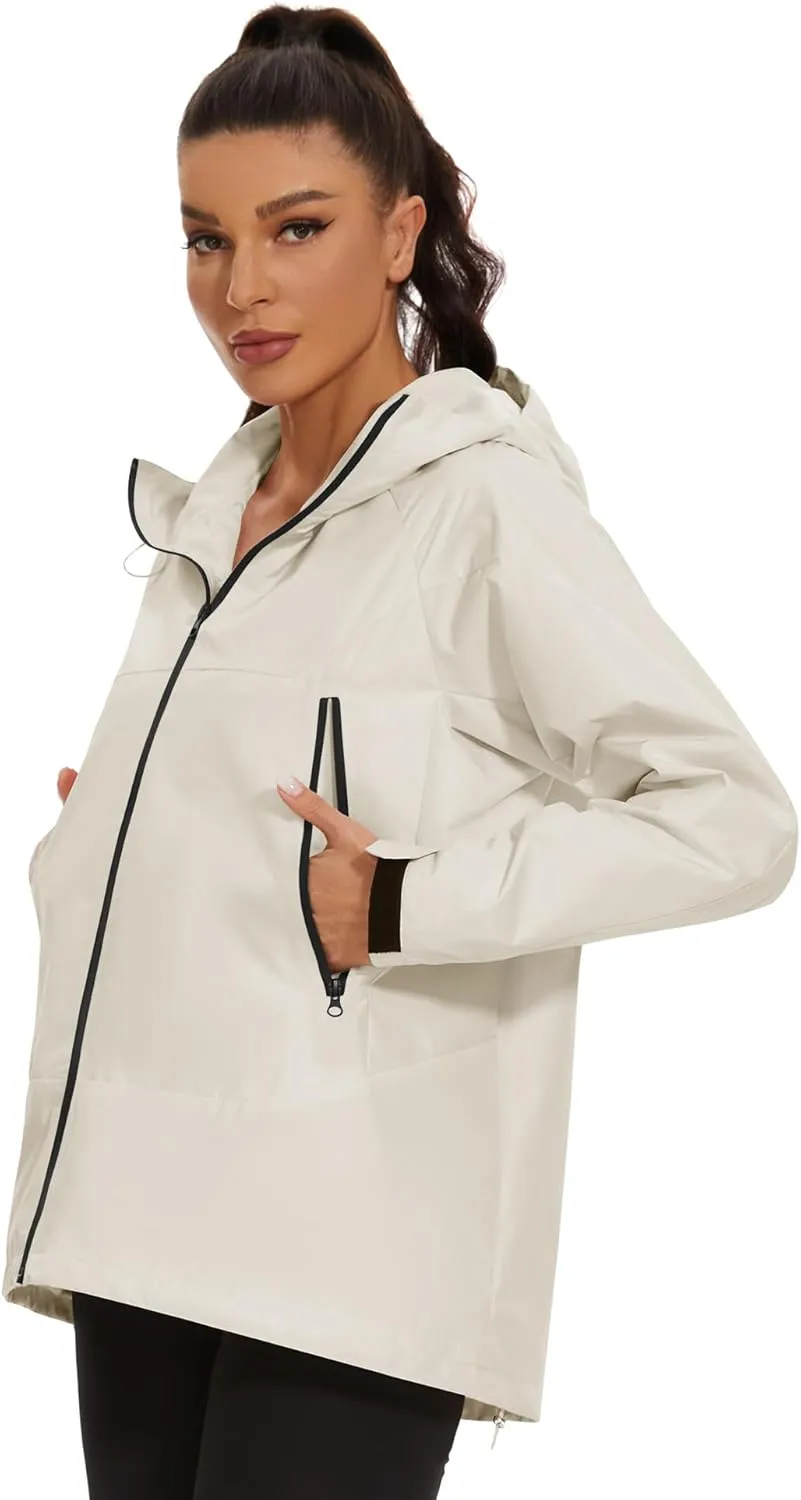 Avoogue Rain Jacket for Women Loose Fit Waterproof Lightweight Lined Rain Coat Hiking Windbreaker Jacket with Hood