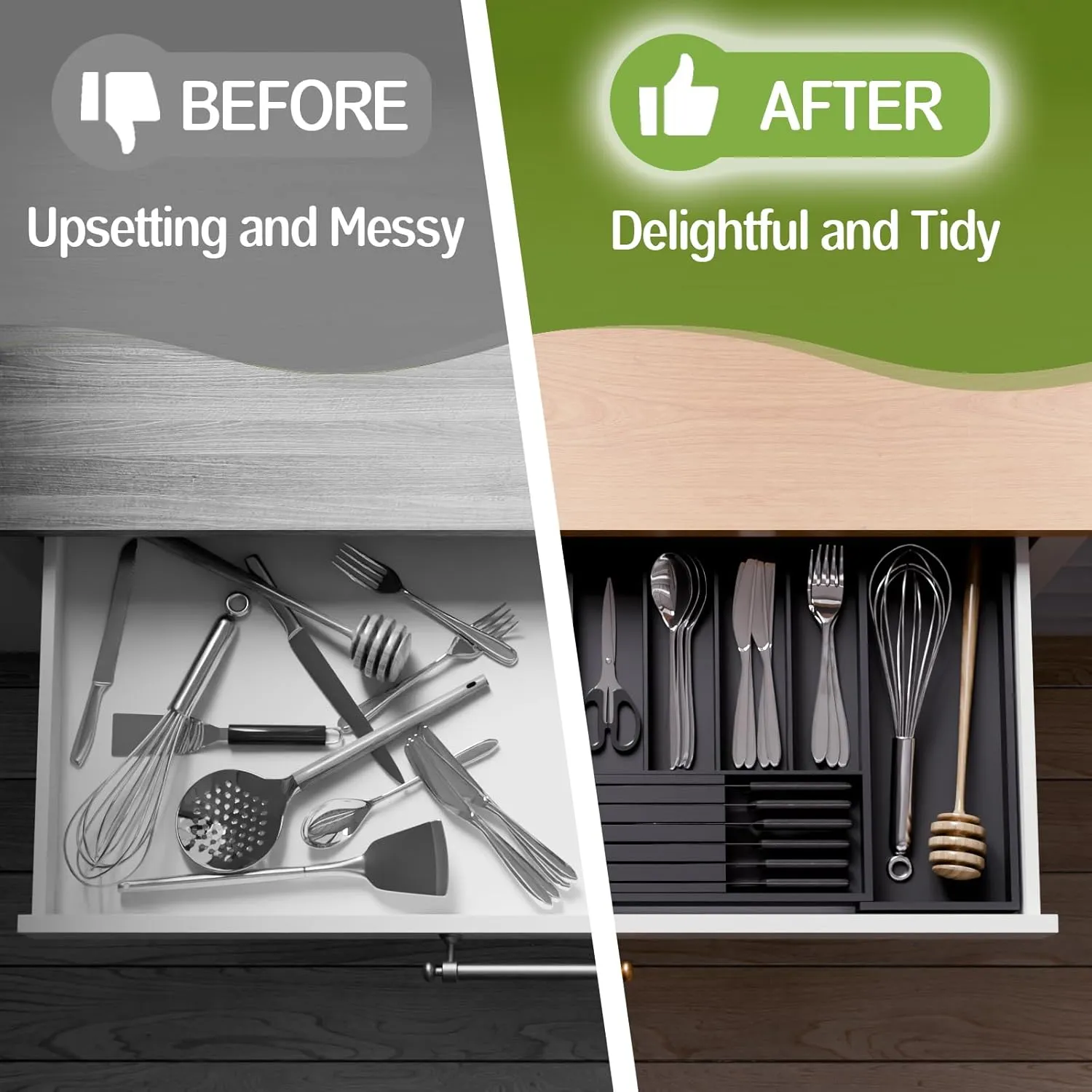 Bamboo Kitchen Silverware Drawer Organizer - Expandable Wood Utensil Holder with Dividers, Luxury Cutlery Storage Tray for Kitchen Utensil and Flatware (5-7 Slots with Removable Knife Block, Black)