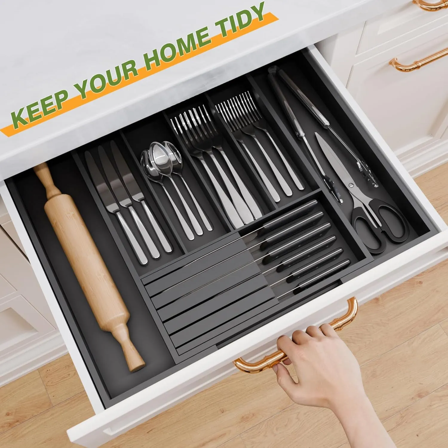 Bamboo Kitchen Silverware Drawer Organizer - Expandable Wood Utensil Holder with Dividers, Luxury Cutlery Storage Tray for Kitchen Utensil and Flatware (5-7 Slots with Removable Knife Block, Black)