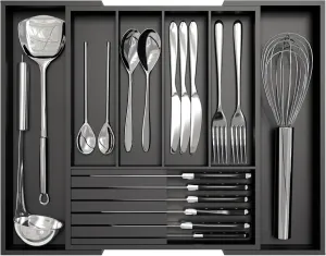Bamboo Kitchen Silverware Drawer Organizer - Expandable Wood Utensil Holder with Dividers, Luxury Cutlery Storage Tray for Kitchen Utensil and Flatware (5-7 Slots with Removable Knife Block, Black)