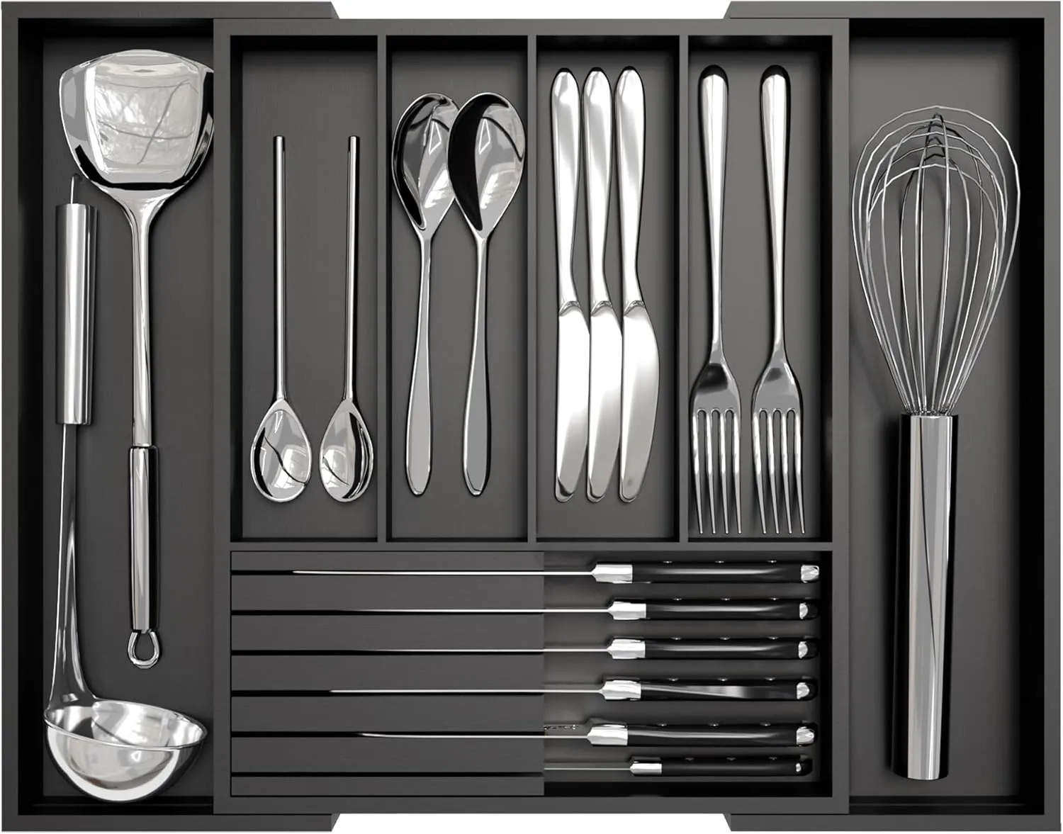 Bamboo Kitchen Silverware Drawer Organizer - Expandable Wood Utensil Holder with Dividers, Luxury Cutlery Storage Tray for Kitchen Utensil and Flatware (5-7 Slots with Removable Knife Block, Black)