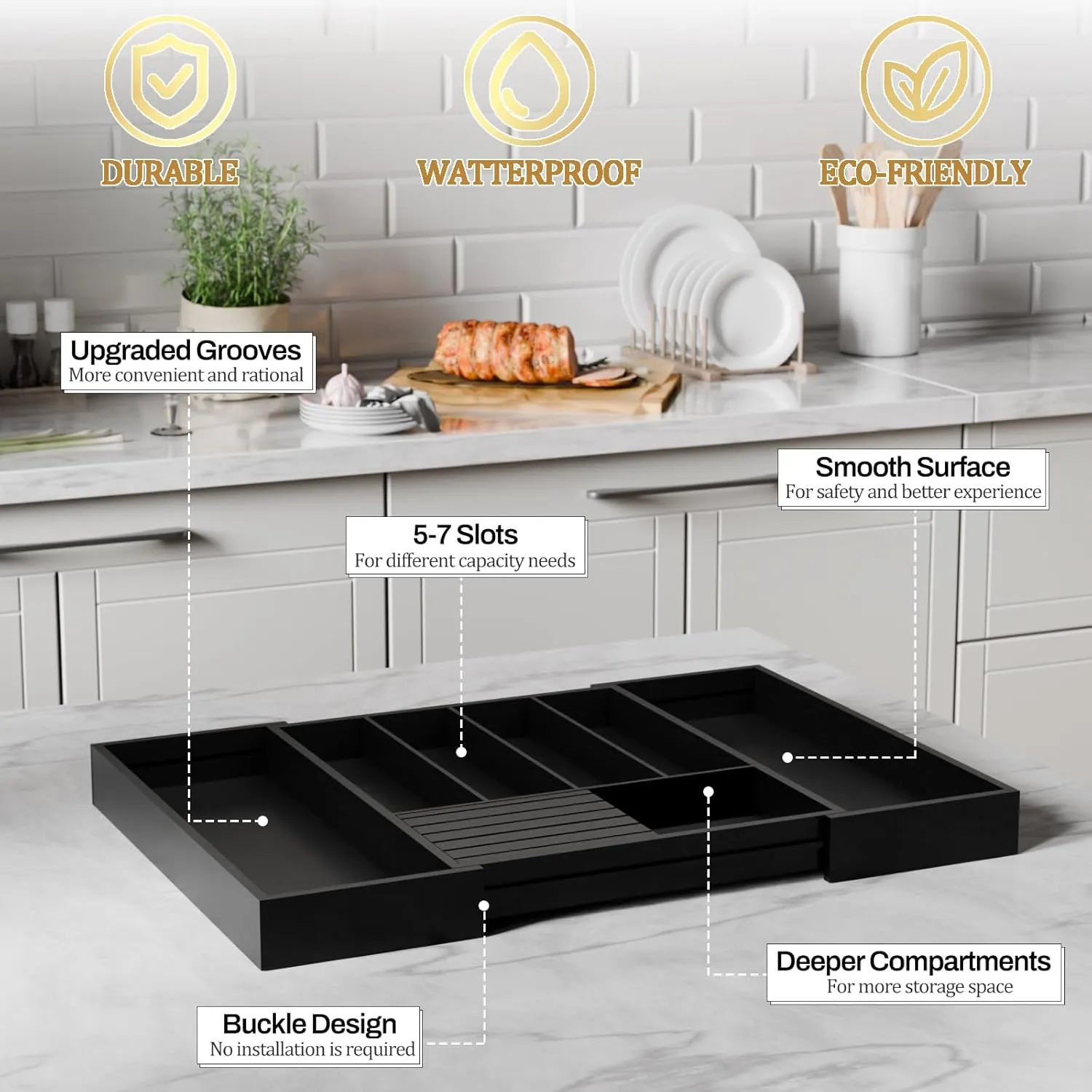 Bamboo Kitchen Silverware Drawer Organizer - Expandable Wood Utensil Holder with Dividers, Luxury Cutlery Storage Tray for Kitchen Utensil and Flatware (5-7 Slots with Removable Knife Block, Black)