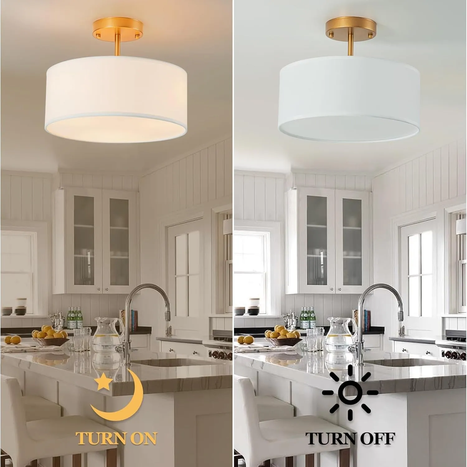 Bargeni Semi Flush Mount Ceiling Light,13 inch Drum Ceiling Light Fixture,Gold Light Fixtures Ceiling Mount with White Fabric Shade, 3-Light Modern Ceiling Light for Bedroom,Living Room and Kitchen