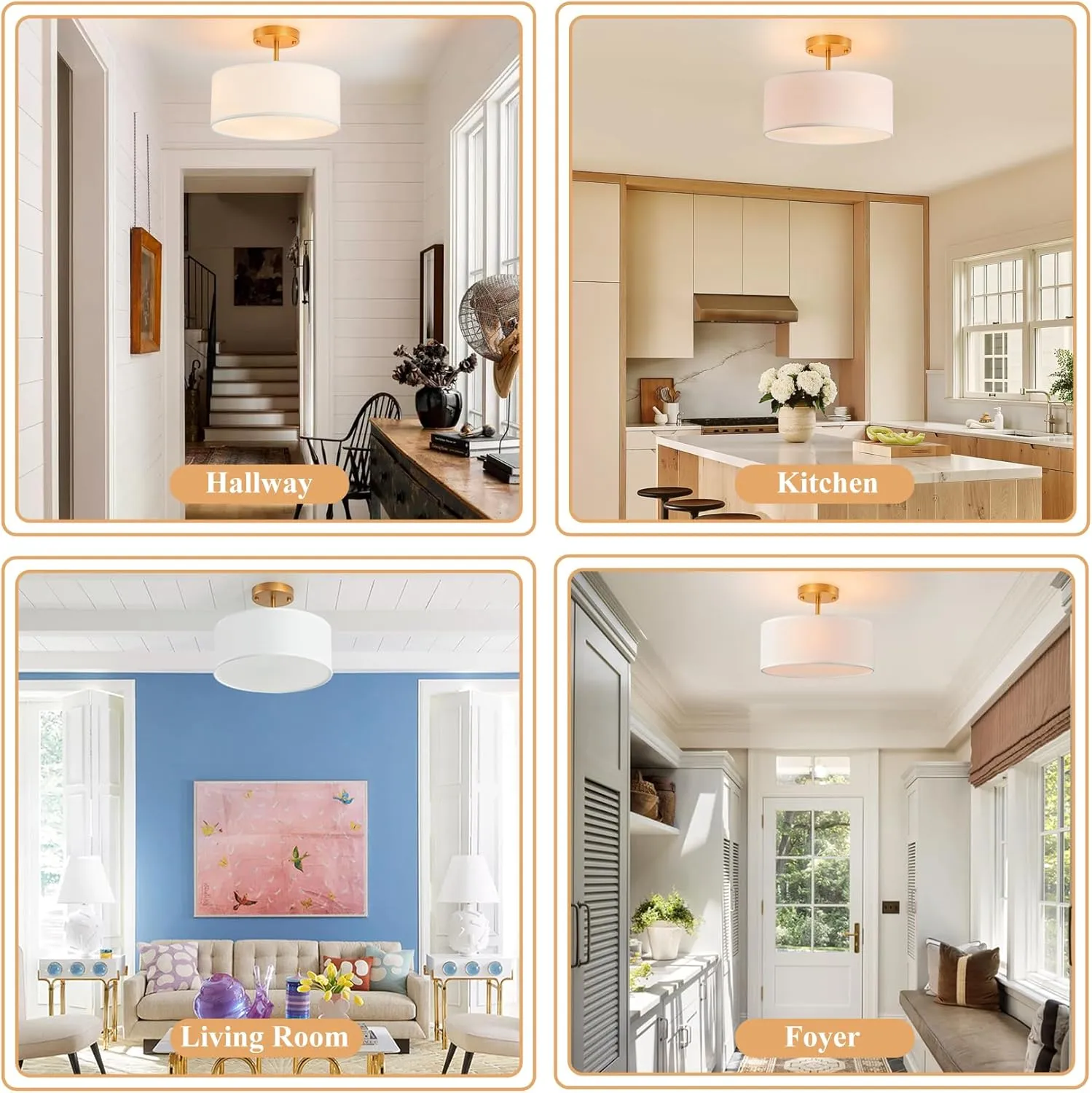 Bargeni Semi Flush Mount Ceiling Light,13 inch Drum Ceiling Light Fixture,Gold Light Fixtures Ceiling Mount with White Fabric Shade, 3-Light Modern Ceiling Light for Bedroom,Living Room and Kitchen