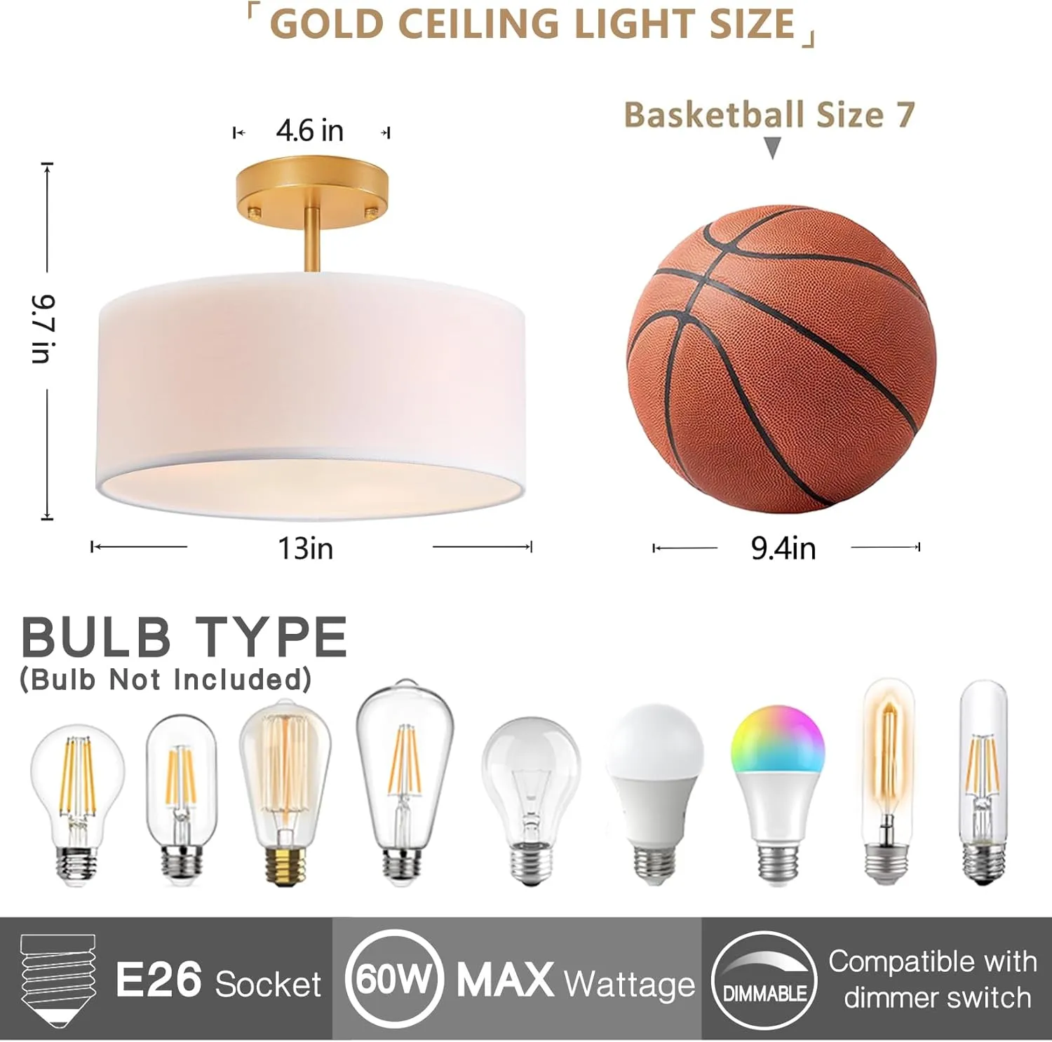 Bargeni Semi Flush Mount Ceiling Light,13 inch Drum Ceiling Light Fixture,Gold Light Fixtures Ceiling Mount with White Fabric Shade, 3-Light Modern Ceiling Light for Bedroom,Living Room and Kitchen