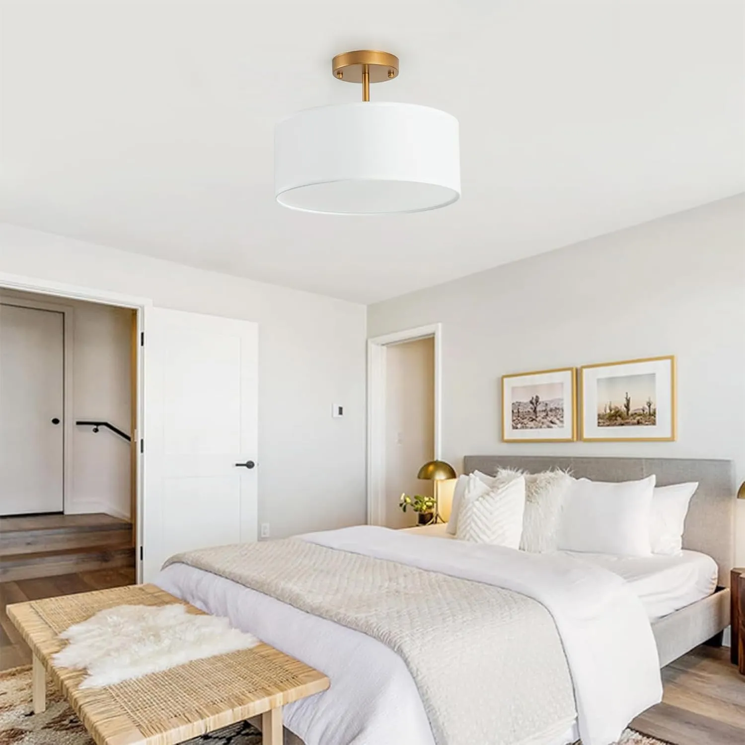 Bargeni Semi Flush Mount Ceiling Light,13 inch Drum Ceiling Light Fixture,Gold Light Fixtures Ceiling Mount with White Fabric Shade, 3-Light Modern Ceiling Light for Bedroom,Living Room and Kitchen