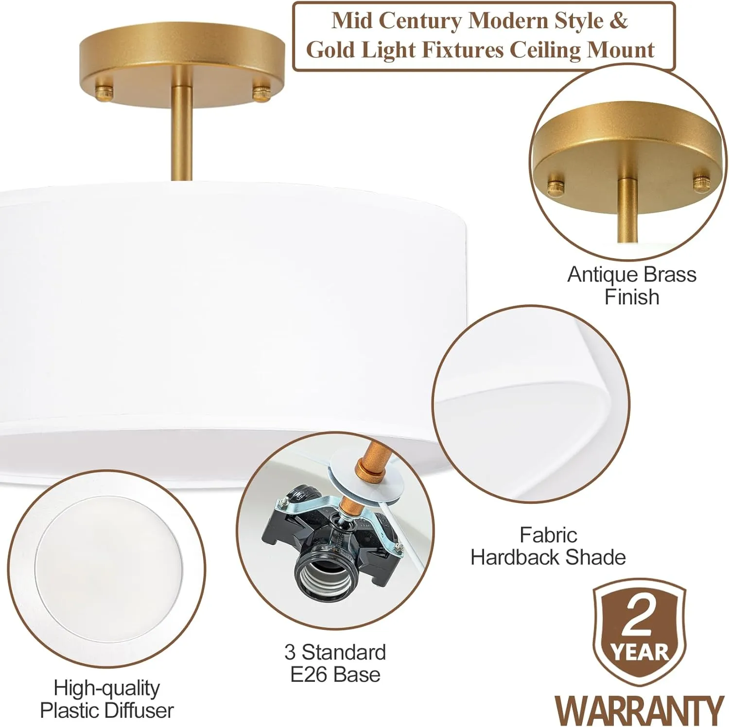 Bargeni Semi Flush Mount Ceiling Light,13 inch Drum Ceiling Light Fixture,Gold Light Fixtures Ceiling Mount with White Fabric Shade, 3-Light Modern Ceiling Light for Bedroom,Living Room and Kitchen
