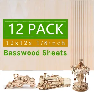 Basswood Sheets 12"x12"x1/8", 3mm Basswood for Laser Cutting, Thin Plywood Board Unfinished Wood for Crafts, DIY Architectural Models Making, Wooden Engraving, Burning Product. (12)