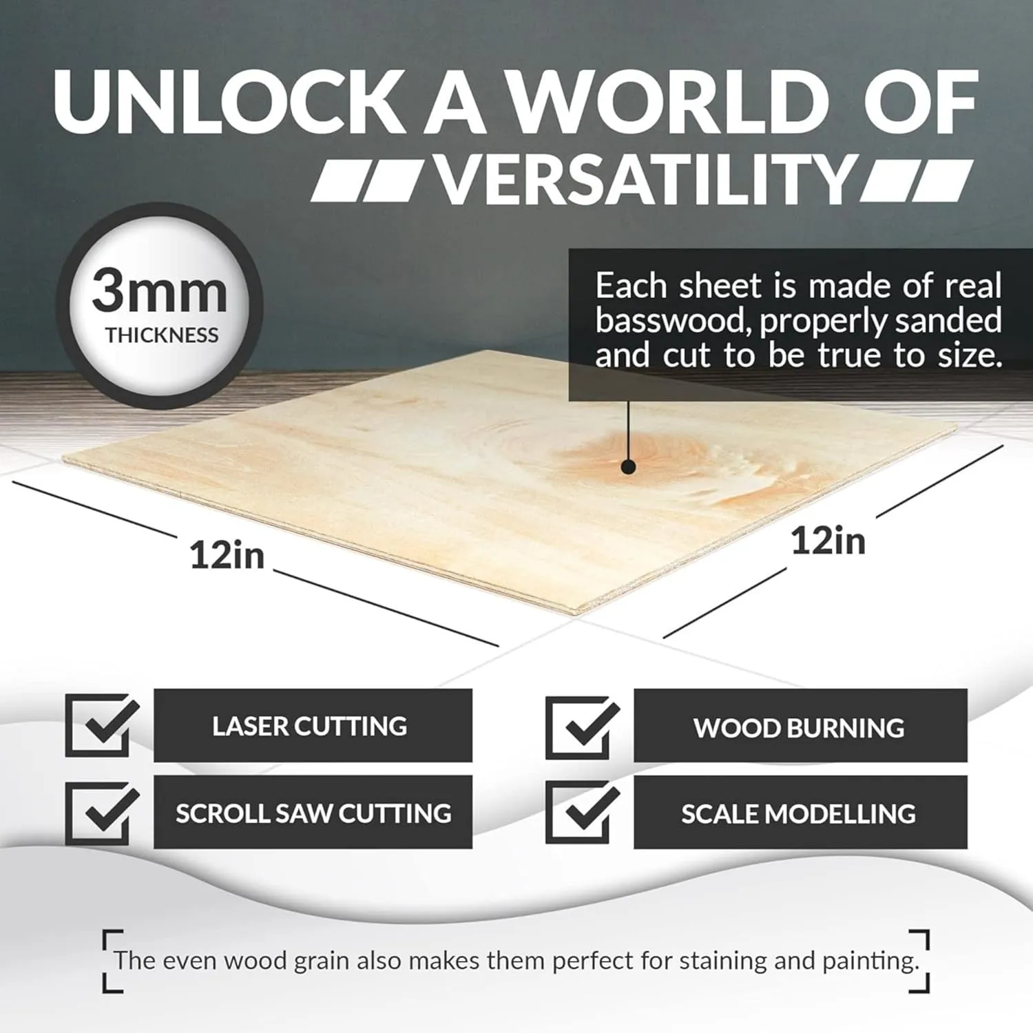Basswood Sheets for Crafts 1/8 inch, 3mm Plywood Sheets for Laser Cutting, Wood Burning, Architectural Models, Drawing - 20 Pack Bass Wood Cricut 12 x 12 x 1/8 inch (SS Custom Products)