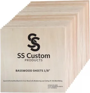 Basswood Sheets for Crafts 1/8 inch, 3mm Plywood Sheets for Laser Cutting, Wood Burning, Architectural Models, Drawing - 20 Pack Bass Wood Cricut 12 x 12 x 1/8 inch (SS Custom Products)