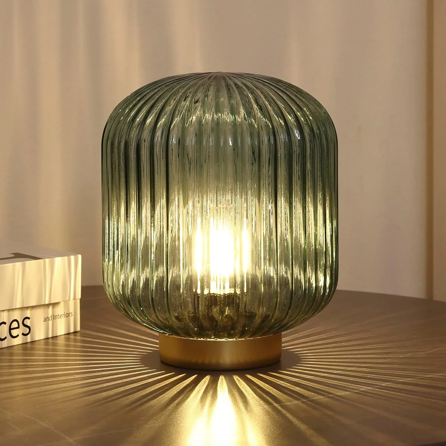 Battery Operated Table Lamp with LED Bulb, Cordless Decorative Glass Beside Lamp for Bedroom Living Room Hallway Green