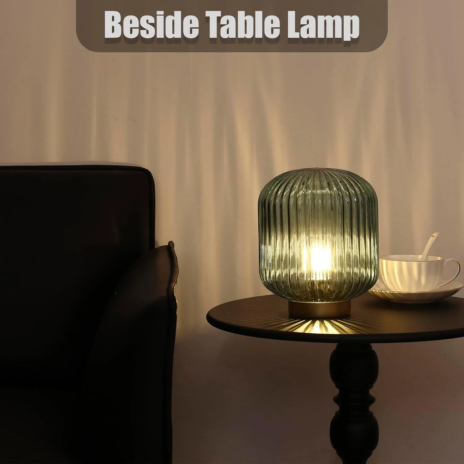 Battery Operated Table Lamp with LED Bulb, Cordless Decorative Glass Beside Lamp for Bedroom Living Room Hallway Green