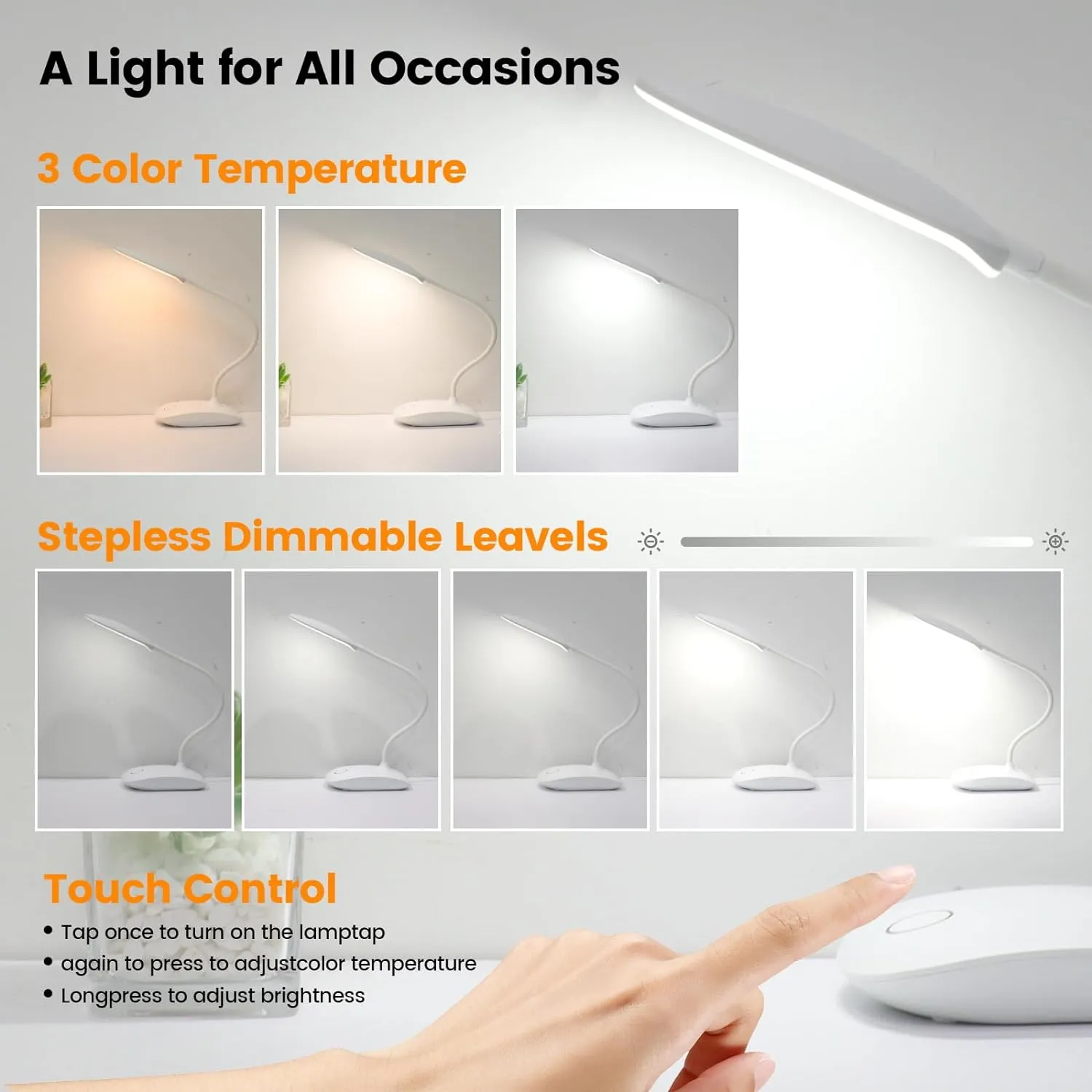 Battery Powered Desk Lamp, Portable Lamps Rechargeable 3 Color Modes Touch Control Stepless Dimming, Wireless Desk Lamp with 2000mAh, Small LED Table Light for Dorm Study Office Bedroom,2-Pack,White
