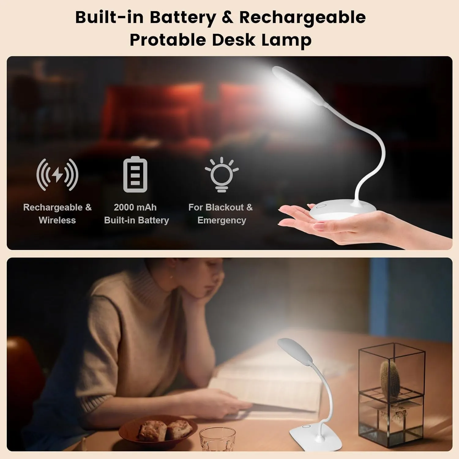 Battery Powered Desk Lamp, Portable Lamps Rechargeable 3 Color Modes Touch Control Stepless Dimming, Wireless Desk Lamp with 2000mAh, Small LED Table Light for Dorm Study Office Bedroom,2-Pack,White