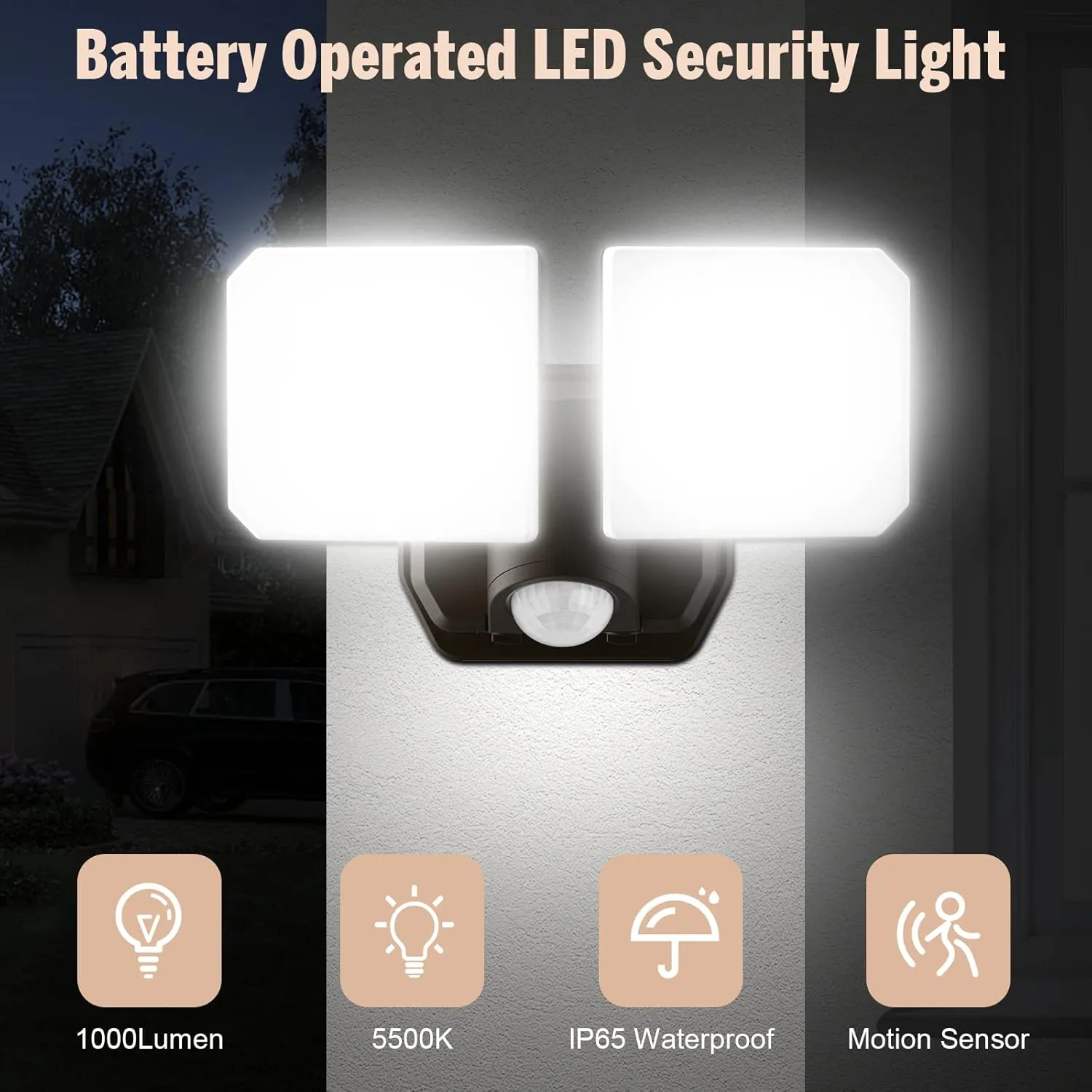 Battery Powered Motion Sensor Security Light,5000K,2 Modes 1000LM Higher Brightness,6 -Month Battery Life,Wireless Flood Lights,49FT Sensing Distance,Indoors or Outdoor Used,2-Year Warranty
