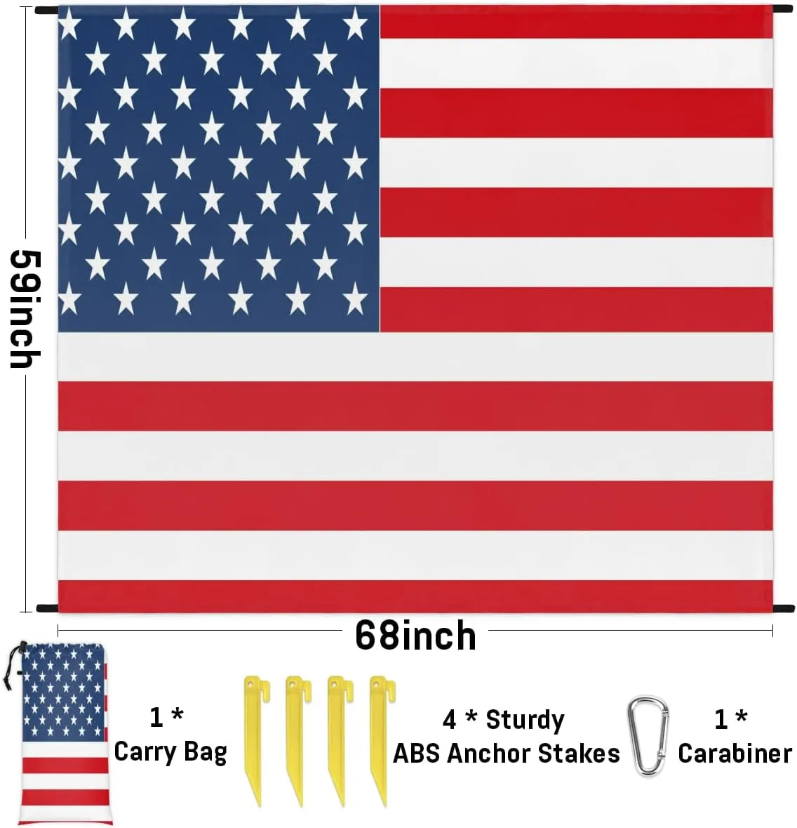 Beach Blanket, 4th of July Sandproof Beach Mat, Waterproof Quick Drying Sand Free Mat with 4 x Ground Spikes for Outdoor Travel Camping Hiking, American Flag 68 x 59 in