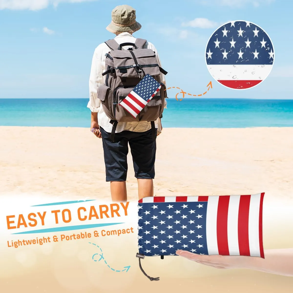 Beach Blanket, 4th of July Sandproof Beach Mat, Waterproof Quick Drying Sand Free Mat with 4 x Ground Spikes for Outdoor Travel Camping Hiking, American Flag 68 x 59 in