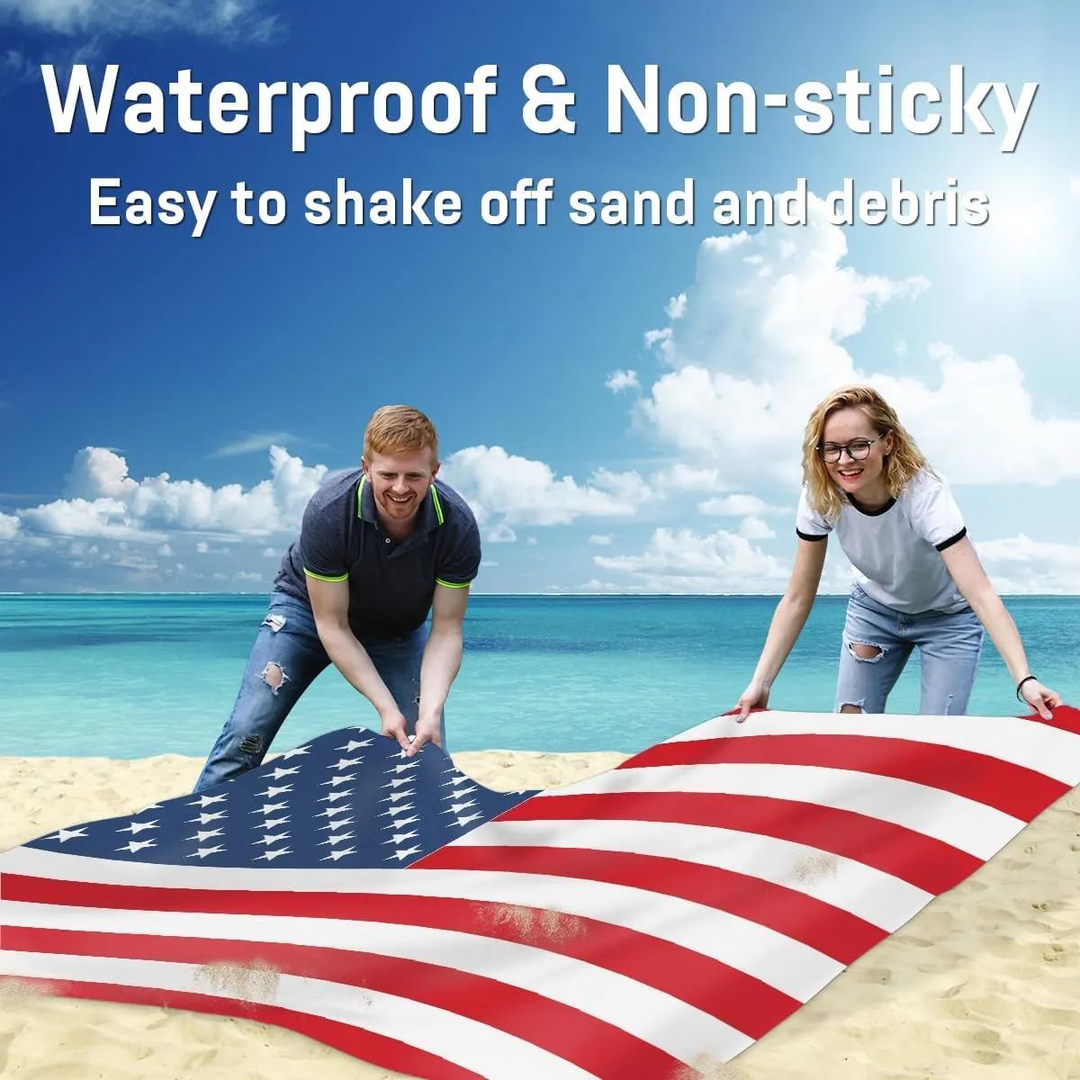 Beach Blanket, 4th of July Sandproof Beach Mat, Waterproof Quick Drying Sand Free Mat with 4 x Ground Spikes for Outdoor Travel Camping Hiking, American Flag 68 x 59 in