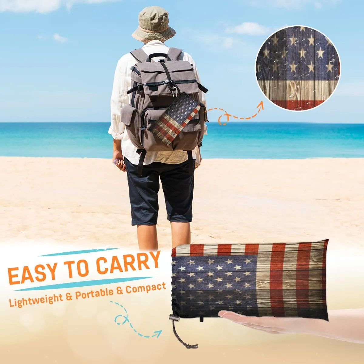 Beach Blanket, 4th of July Sandproof Beach Mat, Waterproof Quick Drying Sand Free Mat with 4 x Ground Spikes for Outdoor Travel Camping Hiking, American Flag 68 x 59 in