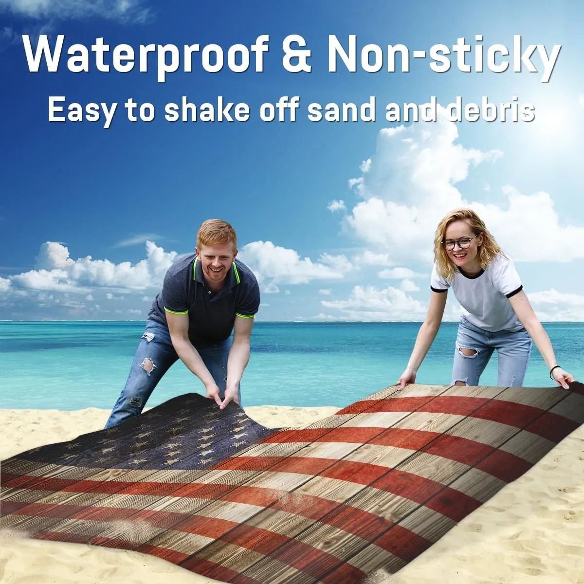 Beach Blanket, 4th of July Sandproof Beach Mat, Waterproof Quick Drying Sand Free Mat with 4 x Ground Spikes for Outdoor Travel Camping Hiking, American Flag 68 x 59 in