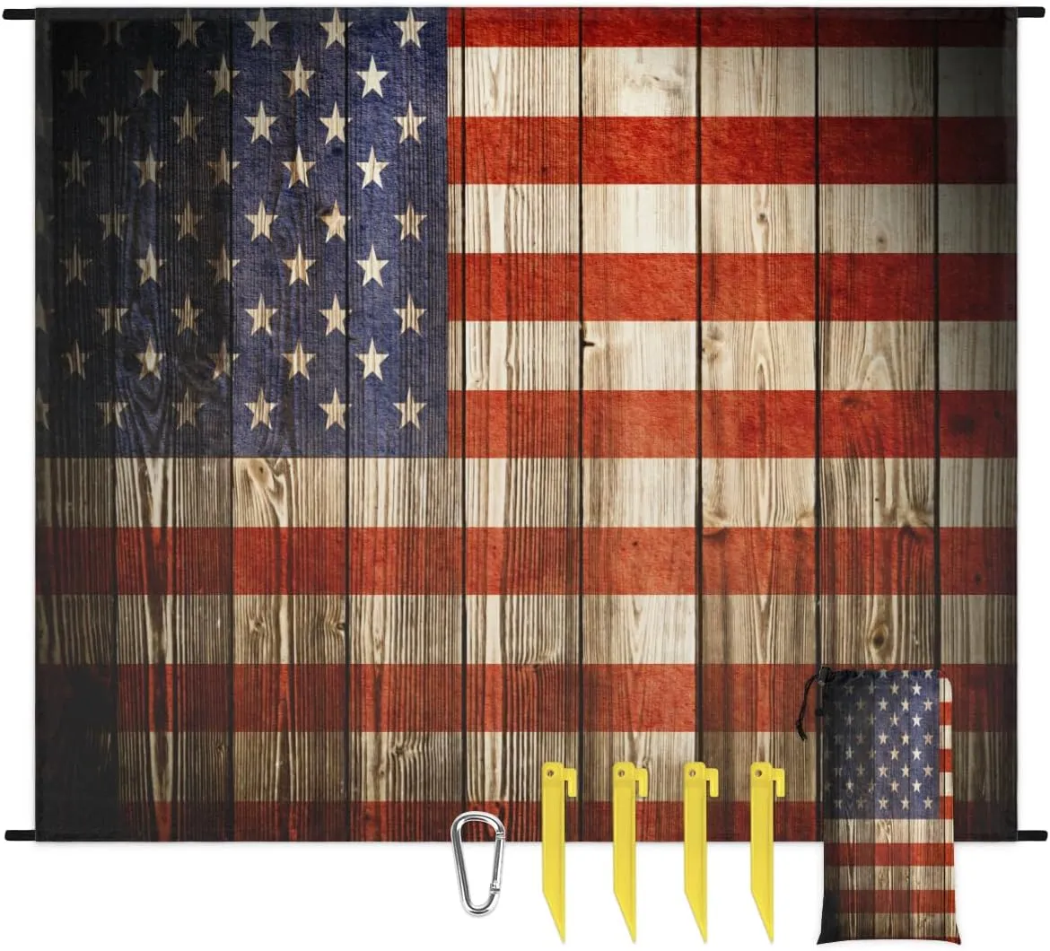 Beach Blanket, 4th of July Sandproof Beach Mat, Waterproof Quick Drying Sand Free Mat with 4 x Ground Spikes for Outdoor Travel Camping Hiking, American Flag 68 x 59 in