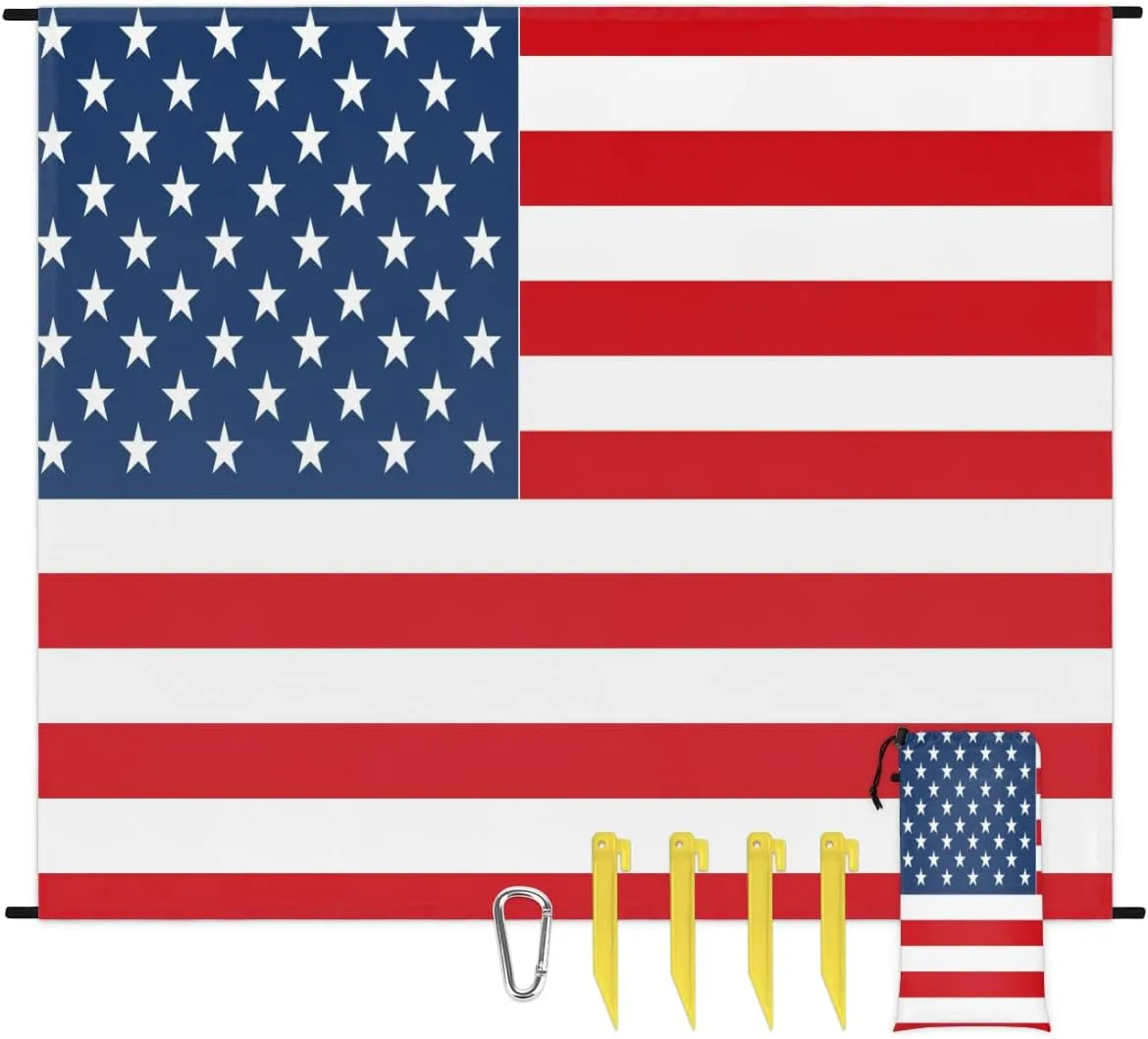Beach Blanket, 4th of July Sandproof Beach Mat, Waterproof Quick Drying Sand Free Mat with 4 x Ground Spikes for Outdoor Travel Camping Hiking, American Flag 68 x 59 in