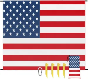 Beach Blanket, 4th of July Sandproof Beach Mat, Waterproof Quick Drying Sand Free Mat with 4 x Ground Spikes for Outdoor Travel Camping Hiking, American Flag 68 x 59 in