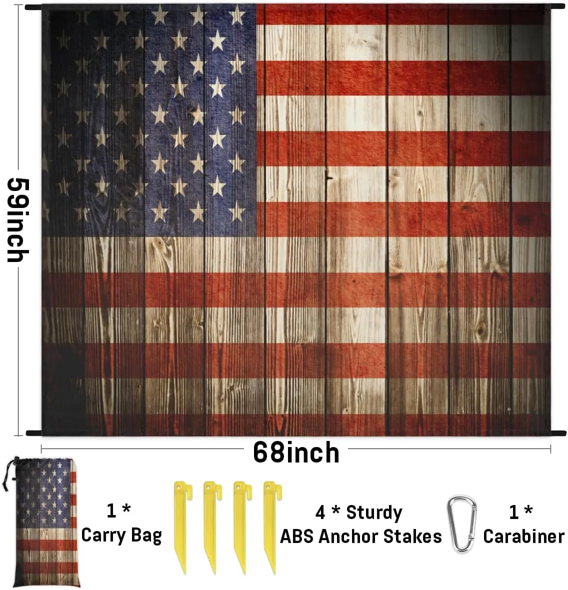Beach Blanket, 4th of July Sandproof Beach Mat, Waterproof Quick Drying Sand Free Mat with 4 x Ground Spikes for Outdoor Travel Camping Hiking, American Flag 68 x 59 in