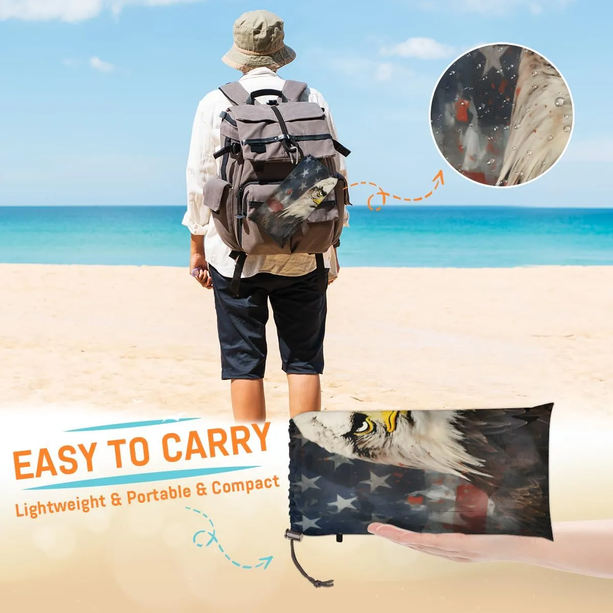 Beach Blanket, 4th of July Sandproof Beach Mat, Waterproof Quick Drying Sand Free Mat with 4 x Ground Spikes for Outdoor Travel Camping Hiking, Eagles American Flag 68 x 59 in