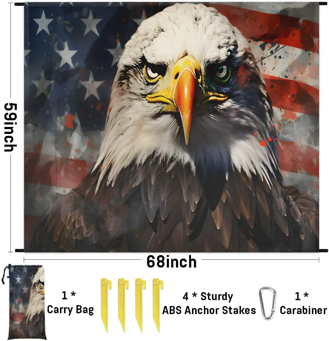 Beach Blanket, 4th of July Sandproof Beach Mat, Waterproof Quick Drying Sand Free Mat with 4 x Ground Spikes for Outdoor Travel Camping Hiking, Eagles American Flag 68 x 59 in