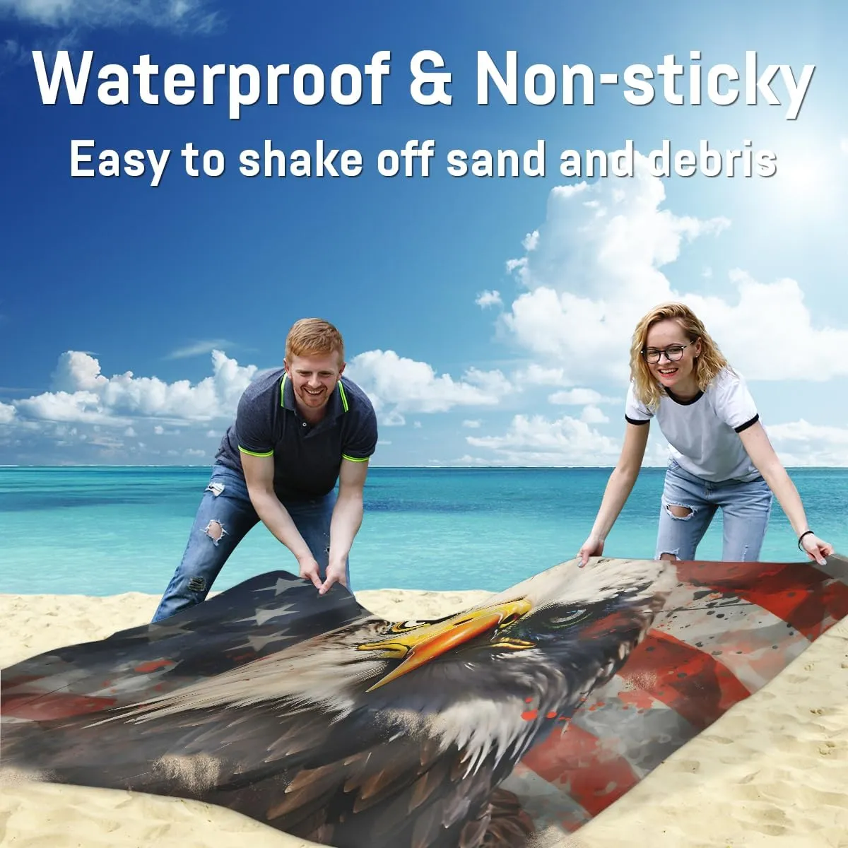 Beach Blanket, 4th of July Sandproof Beach Mat, Waterproof Quick Drying Sand Free Mat with 4 x Ground Spikes for Outdoor Travel Camping Hiking, Eagles American Flag 68 x 59 in