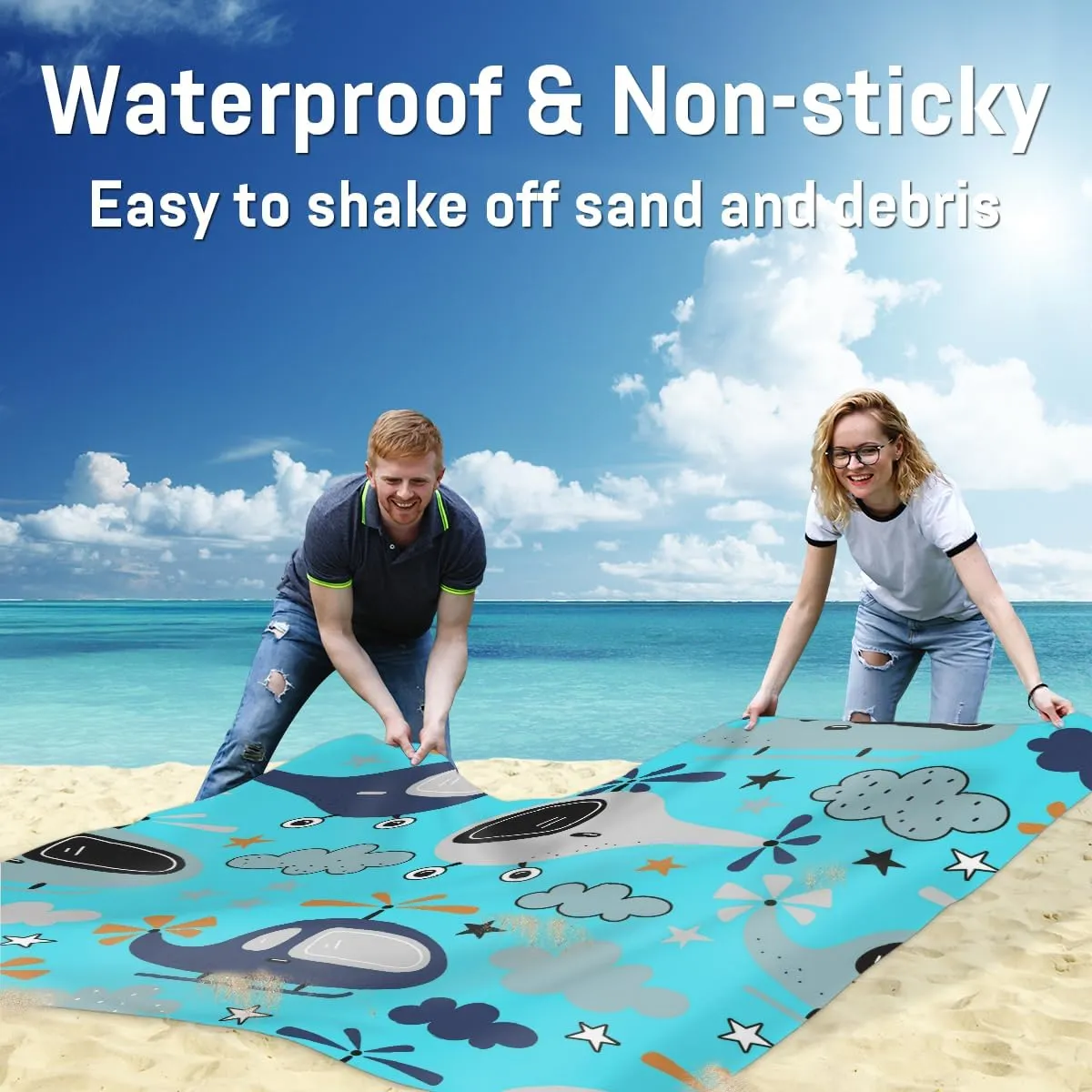 Beach Blanket, Airplane Sandproof Beach Mat, Waterproof Quick Drying Sand Free Mat with 4 x Ground Spikes for Outdoor Travel Camping Hiking, Cartoon Airplane 68 x 59 in