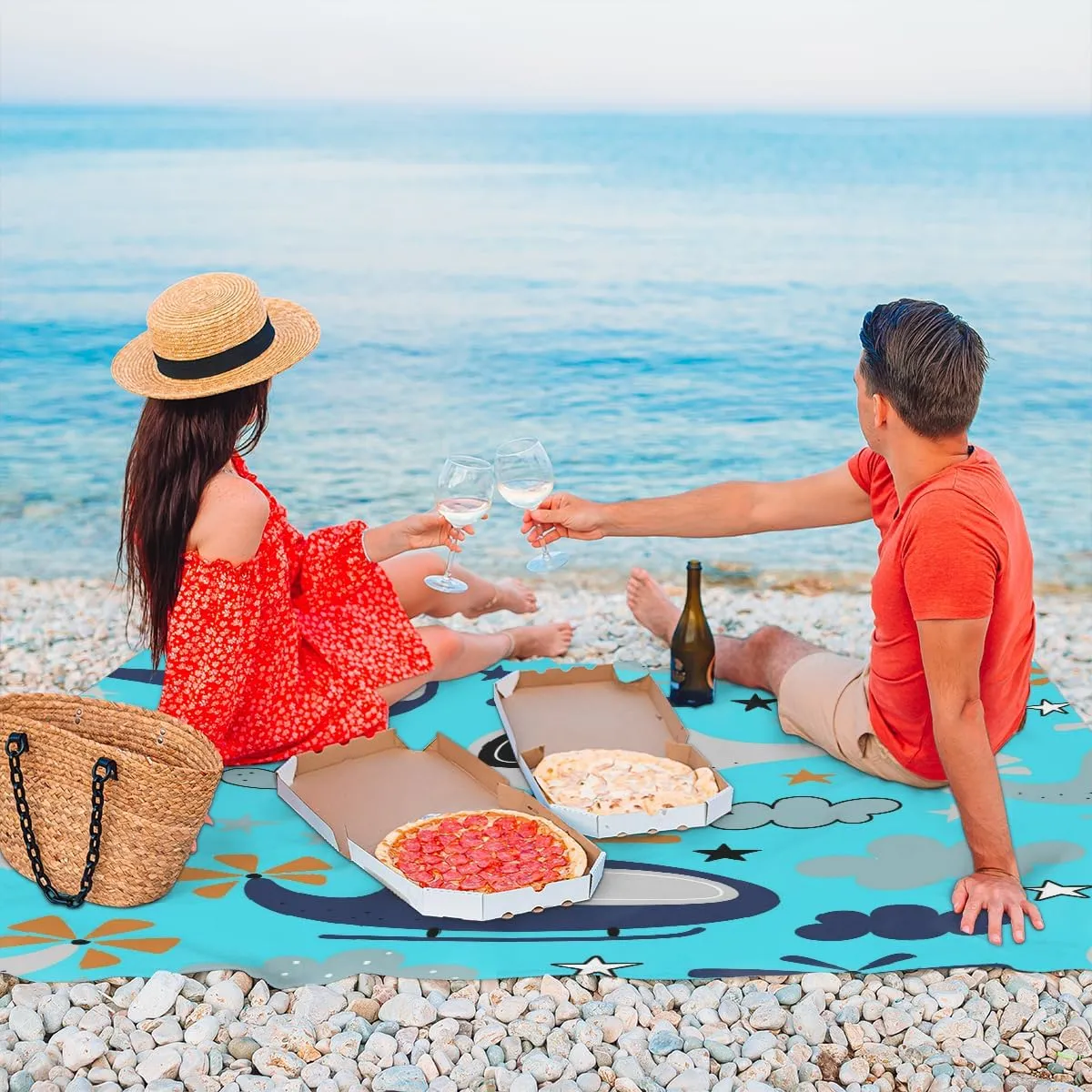 Beach Blanket, Airplane Sandproof Beach Mat, Waterproof Quick Drying Sand Free Mat with 4 x Ground Spikes for Outdoor Travel Camping Hiking, Cartoon Airplane 68 x 59 in