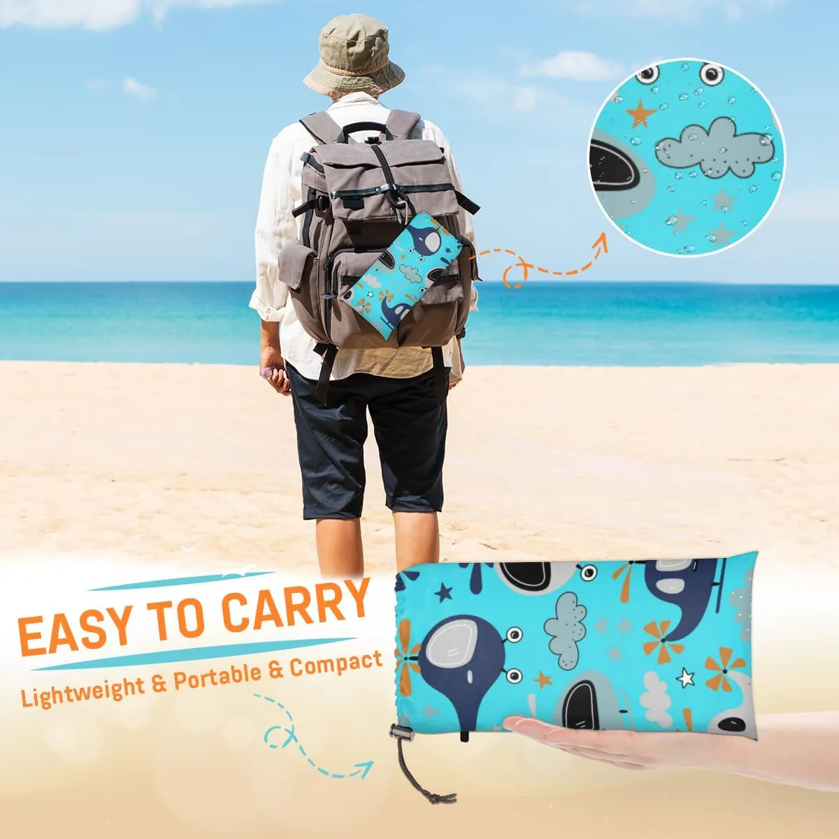 Beach Blanket, Airplane Sandproof Beach Mat, Waterproof Quick Drying Sand Free Mat with 4 x Ground Spikes for Outdoor Travel Camping Hiking, Cartoon Airplane 68 x 59 in