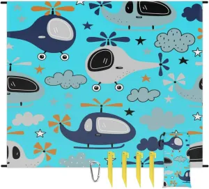 Beach Blanket, Airplane Sandproof Beach Mat, Waterproof Quick Drying Sand Free Mat with 4 x Ground Spikes for Outdoor Travel Camping Hiking, Cartoon Airplane 68 x 59 in