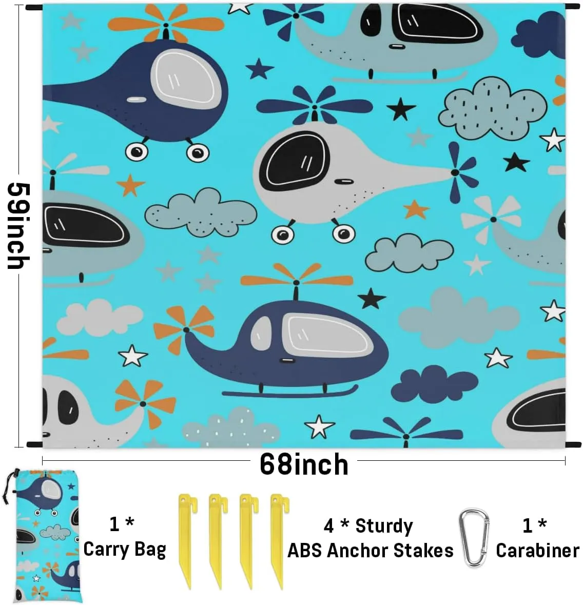 Beach Blanket, Airplane Sandproof Beach Mat, Waterproof Quick Drying Sand Free Mat with 4 x Ground Spikes for Outdoor Travel Camping Hiking, Cartoon Airplane 68 x 59 in