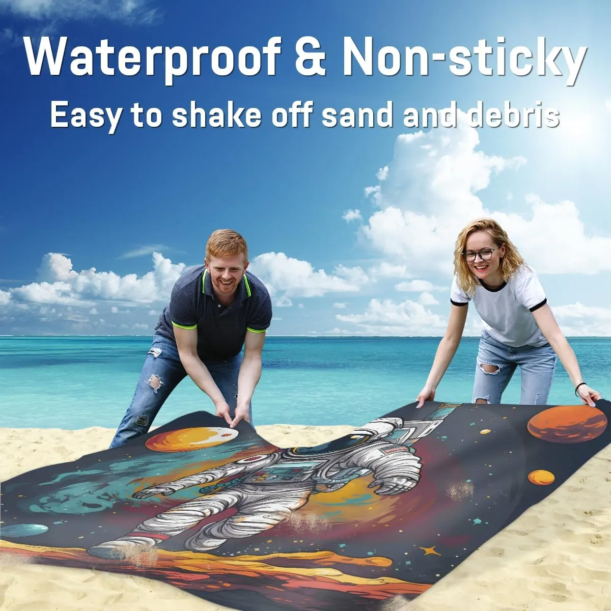 Beach Blanket, Astronaut Space Sandproof Beach Mat, Waterproof Quick Drying Sand Free Mat with 4 x Ground Spikes for Outdoor Travel Camping Hiking, Planet 68 x 59 in