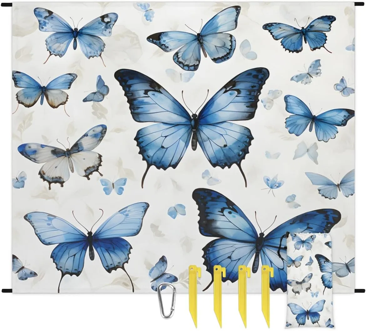 Beach Blanket, Butterflies Sandproof Beach Mat, Waterproof Quick Drying Sand Free Mat with 4 x Ground Spikes for Outdoor Travel Camping Hiking, Butterfly Pattern 68 x 59 in
