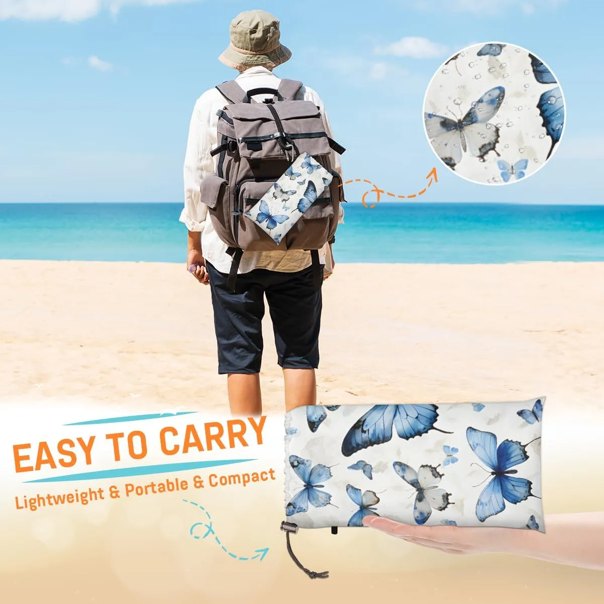 Beach Blanket, Butterflies Sandproof Beach Mat, Waterproof Quick Drying Sand Free Mat with 4 x Ground Spikes for Outdoor Travel Camping Hiking, Butterfly Pattern 68 x 59 in