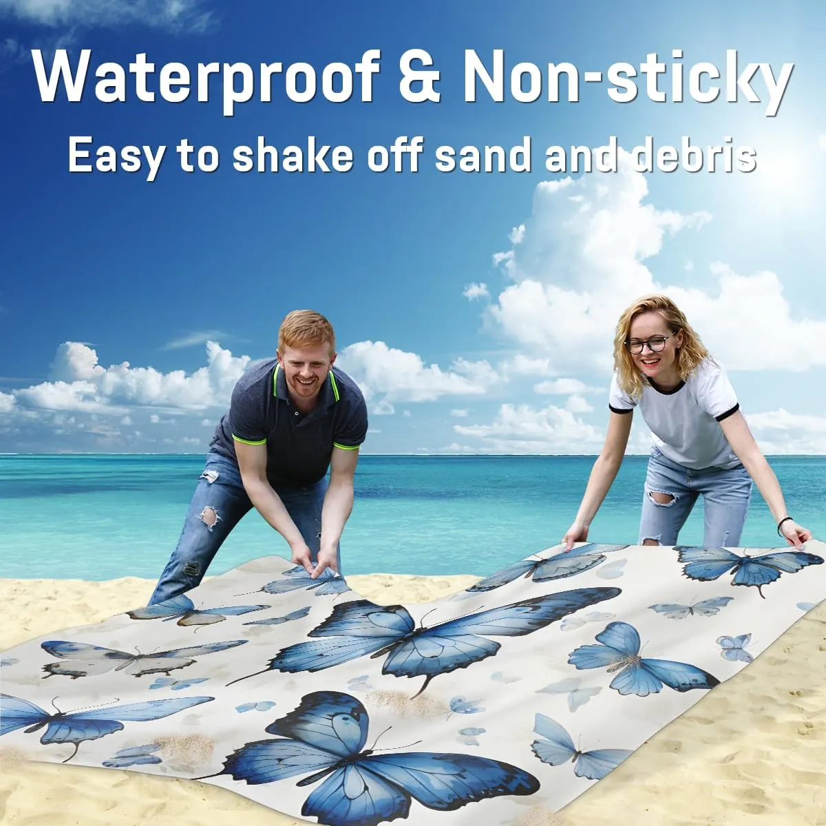 Beach Blanket, Butterflies Sandproof Beach Mat, Waterproof Quick Drying Sand Free Mat with 4 x Ground Spikes for Outdoor Travel Camping Hiking, Butterfly Pattern 68 x 59 in