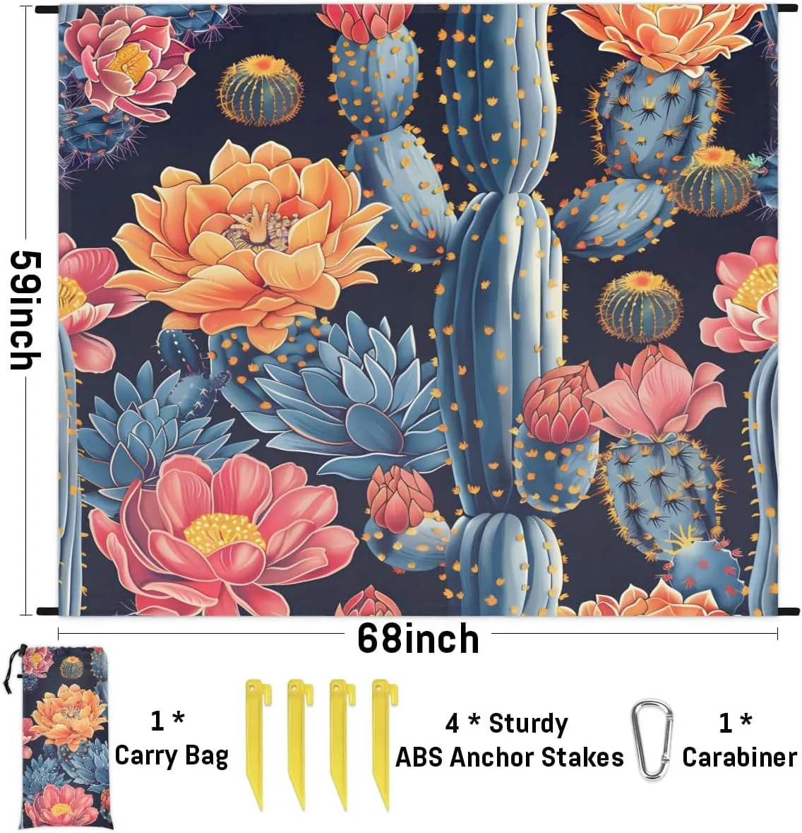 Beach Blanket, Cactus Sandproof Beach Mat, Waterproof Quick Drying Sand Free Mat with 4 x Ground Spikes for Outdoor Travel Camping Hiking, Tropical Succulent Plant Floral 68 x 59 in