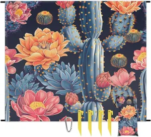Beach Blanket, Cactus Sandproof Beach Mat, Waterproof Quick Drying Sand Free Mat with 4 x Ground Spikes for Outdoor Travel Camping Hiking, Tropical Succulent Plant Floral 68 x 59 in