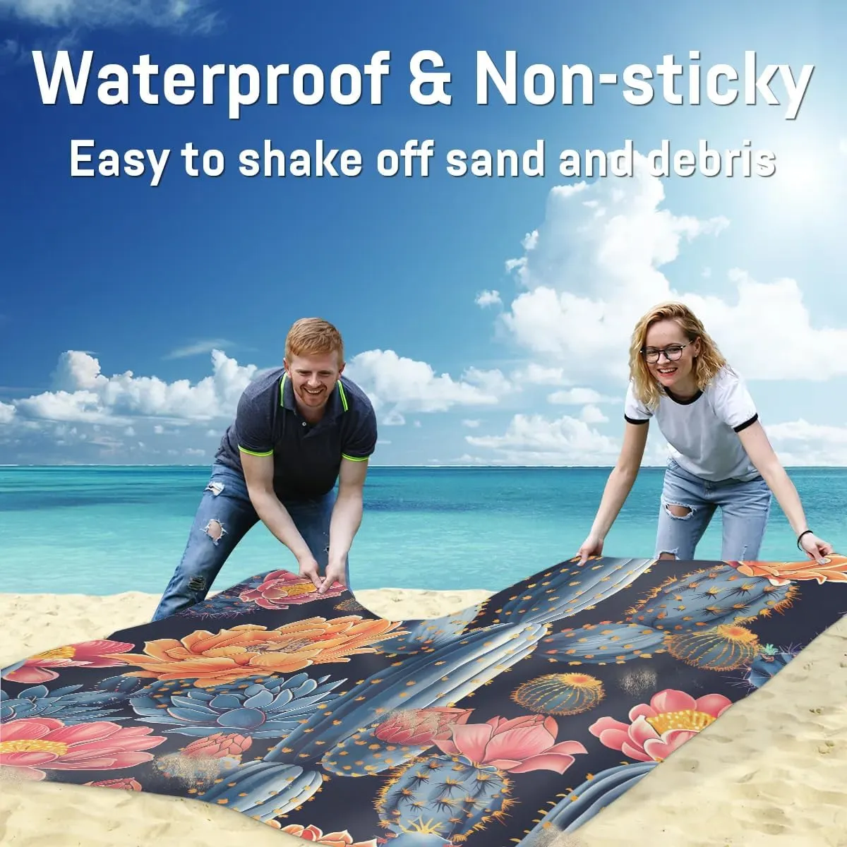 Beach Blanket, Cactus Sandproof Beach Mat, Waterproof Quick Drying Sand Free Mat with 4 x Ground Spikes for Outdoor Travel Camping Hiking, Tropical Succulent Plant Floral 68 x 59 in