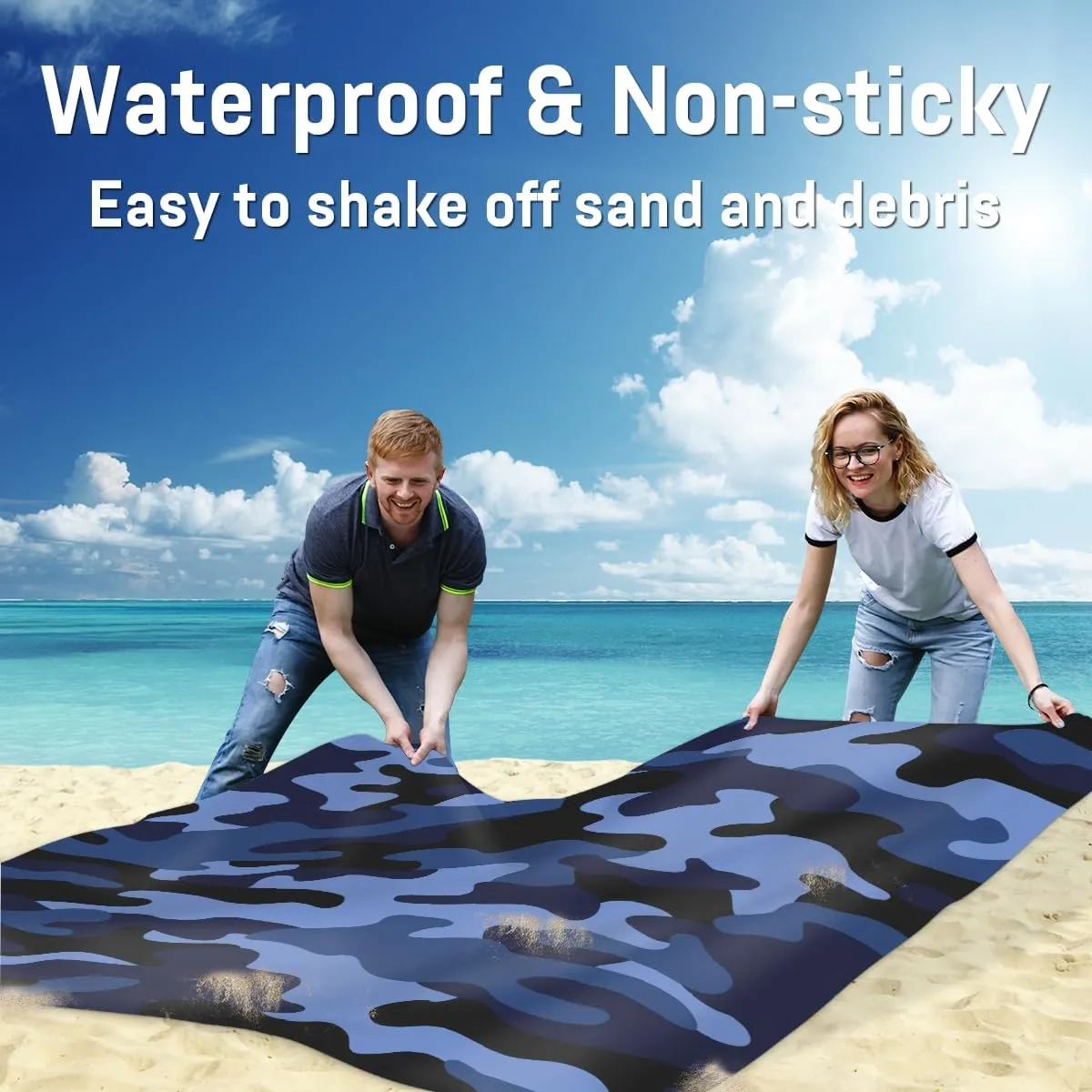 Beach Blanket, Camo Sandproof Beach Mat, Waterproof Quick Drying Sand Free Mat with 4 x Ground Spikes for Outdoor Travel Camping Hiking, Blue Camo 68 x 59 in
