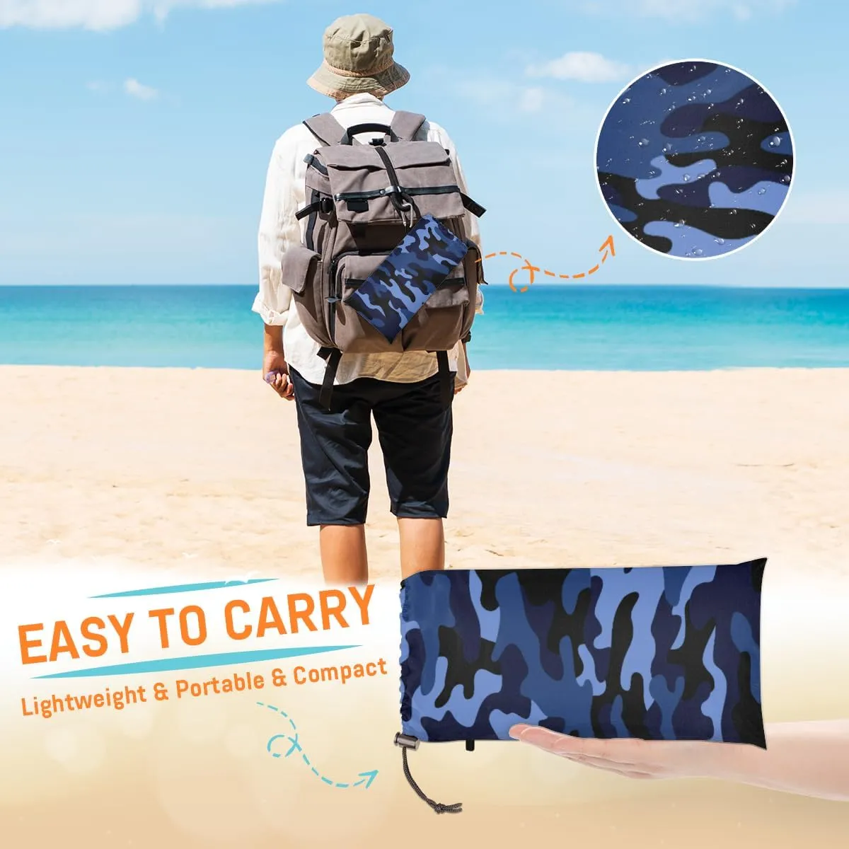 Beach Blanket, Camo Sandproof Beach Mat, Waterproof Quick Drying Sand Free Mat with 4 x Ground Spikes for Outdoor Travel Camping Hiking, Blue Camo 68 x 59 in