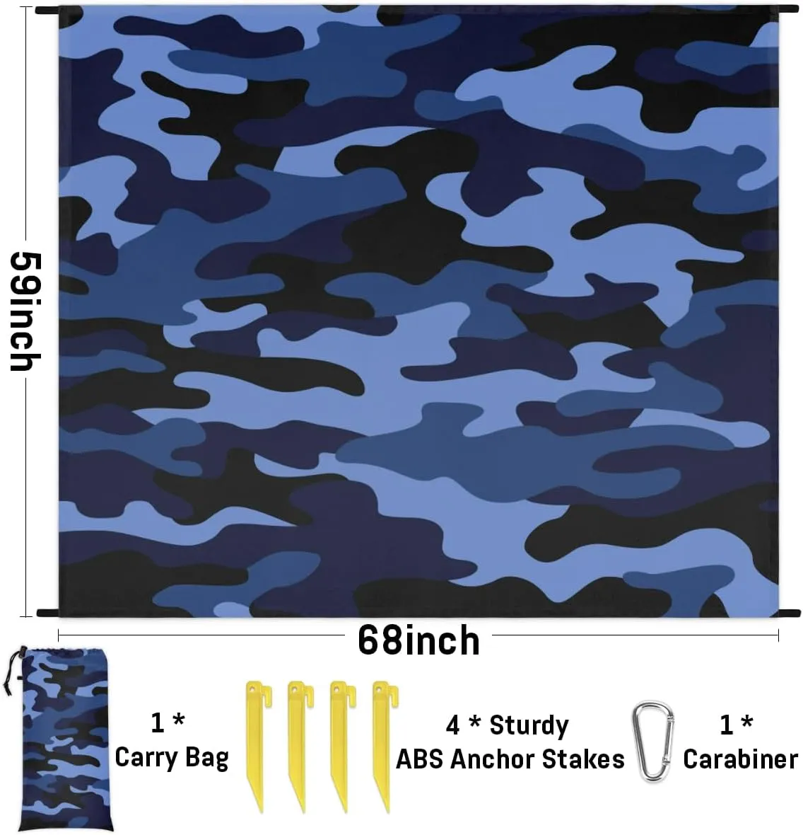 Beach Blanket, Camo Sandproof Beach Mat, Waterproof Quick Drying Sand Free Mat with 4 x Ground Spikes for Outdoor Travel Camping Hiking, Blue Camo 68 x 59 in