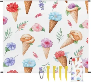 Beach Blanket, Cute Cone Sandproof Beach Mat, Waterproof Quick Drying Sand Free Mat with 4 x Ground Spikes for Outdoor Travel Camping Hiking, Floral 68 x 59 in