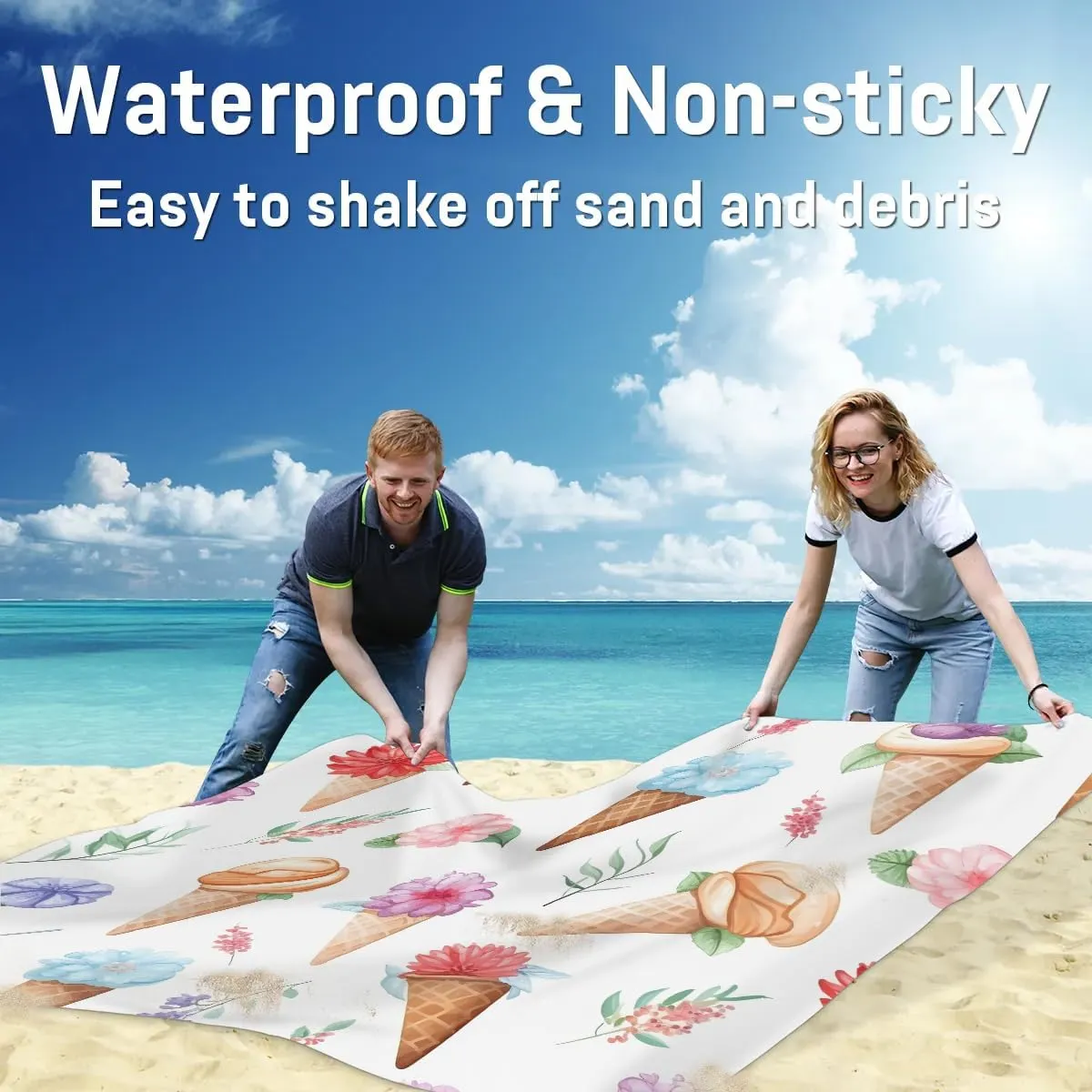 Beach Blanket, Cute Cone Sandproof Beach Mat, Waterproof Quick Drying Sand Free Mat with 4 x Ground Spikes for Outdoor Travel Camping Hiking, Floral 68 x 59 in