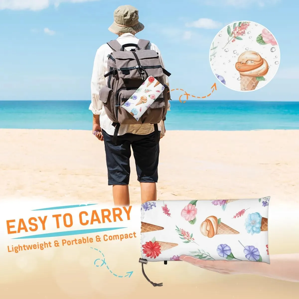 Beach Blanket, Cute Cone Sandproof Beach Mat, Waterproof Quick Drying Sand Free Mat with 4 x Ground Spikes for Outdoor Travel Camping Hiking, Floral 68 x 59 in